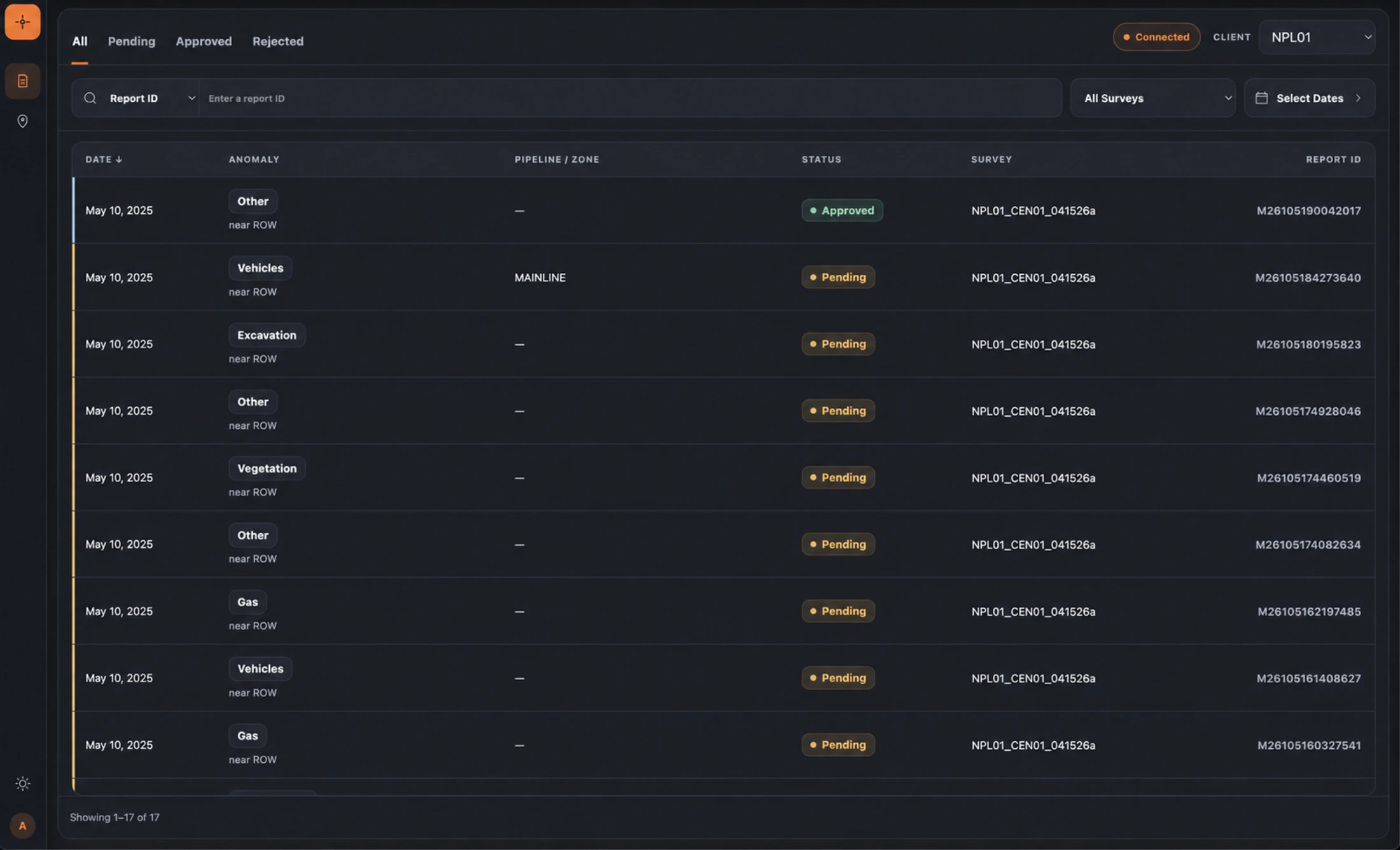 Sunstone reports workspace with inspection records and review status